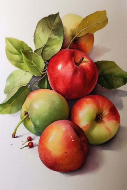 This detailed watercolor painting features a cluster of red and green apples accentuated with green leaves on a white background. Perfect for use in kitchen decor, art prints, greeting cards, or fruit-related promotions. The image's realistic and vibrant depiction of the apples is ideal for adding a touch of natural beauty to any setting.