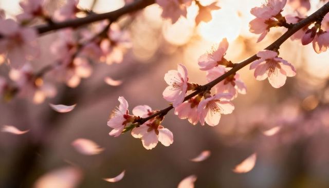Golden hour blooming cherry blossom branch with falling petals and soft bokeh