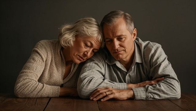 Senior couple resting heads together on wooden table sharing quiet companionship