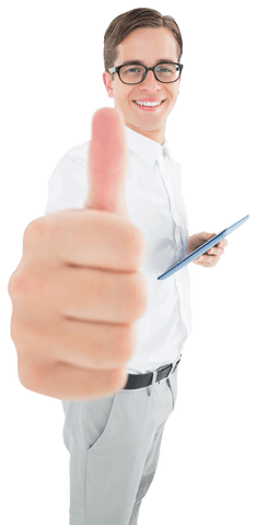 Transparent Smiling Businessman Giving a Thumbs Up with Tablet - Download Free Stock Videos Pikwizard.com