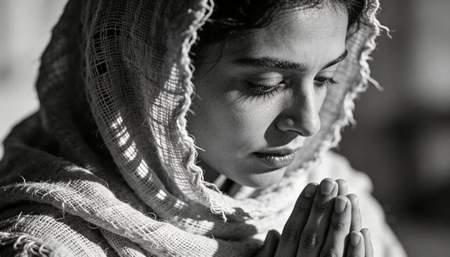 Young woman wearing woven shawl clasping hands, contemplating in soft monochrome portrait