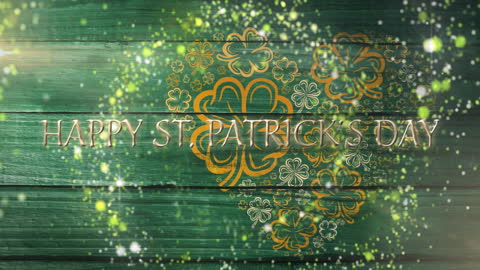 Happy St. Patrick's Day Text with Clover Animation on Wooden Background