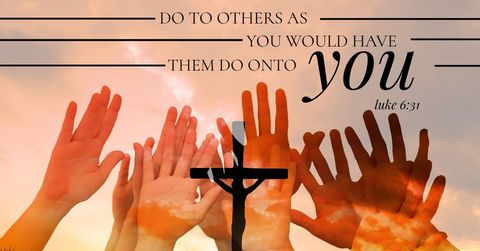 golden rule emblem with raised hands and cross silhouette - Download Free Stock Templates Pikwizard.com
