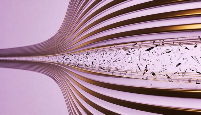 Lavender and gold flowing ribbons forming symmetrical sculpture with shattered glass channel