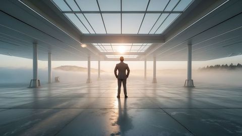 Elegant businessman facing sunrise in futuristic pavilion