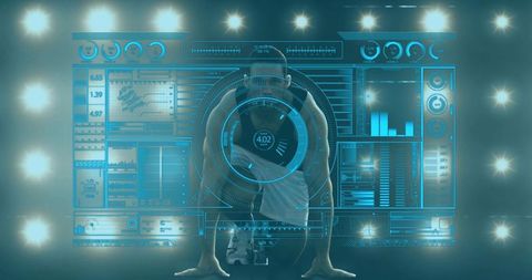 Crouching athlete launching from starting position with holographic hud fitness metrics