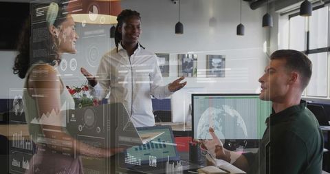 Professionals Collaborating with Digital Interface in Modern Office