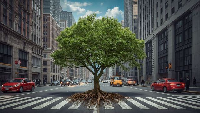 Lush Tree with Expansive Roots in Urban Intersection