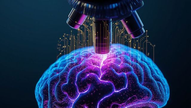 Futuristic glowing brain model under microscope with digital circuitry