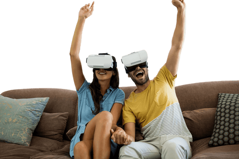 Transparent Joyful Couple Experiencing Virtual Reality on Sofa