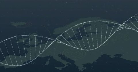 Dotted dna helix crossing digital map of europe connecting genomics and geospatial data