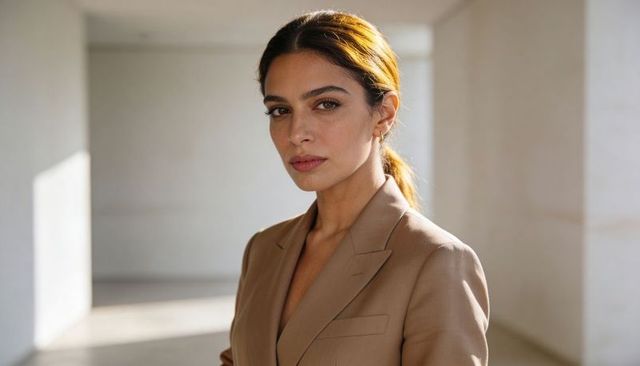 Confident professional woman in beige blazer posing in minimalist corridor with natural light