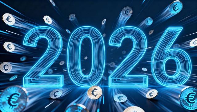 Neon 2026 wireframe numbers with floating euro coins and futuristic finance motion