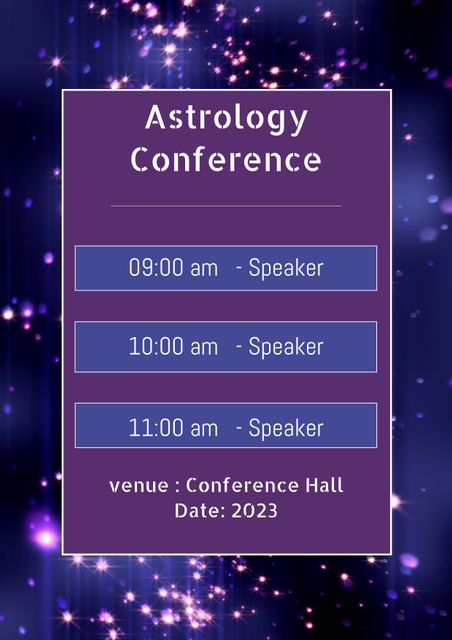 This stock image shows a detailed schedule for an astrology conference with specific timings and speaker slots, set against a sparkling cosmic background. Ideal for use in promotional materials, flyers, posters, and event announcements related to astrology, astronomy, or cosmic-themed events. The celestial theme makes it suitable for attracting audiences interested in metaphysical and spiritual topics.