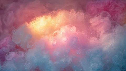 Glowing pastel nebula of fibrous clouds merging into pink and blue ethereal filaments