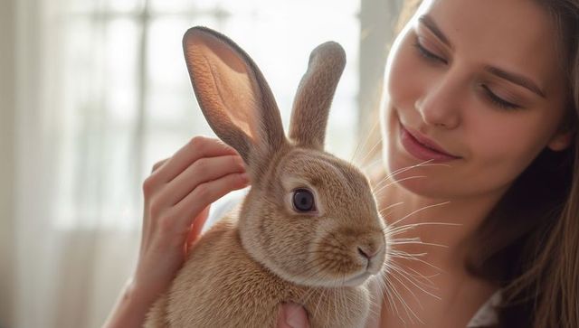 Young woman cuddling light-brown rabbit by sunlit window, tender pet care moment
