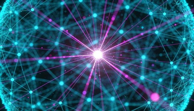 Radiating neural network core showing data flow and connectivity in futuristic sphere