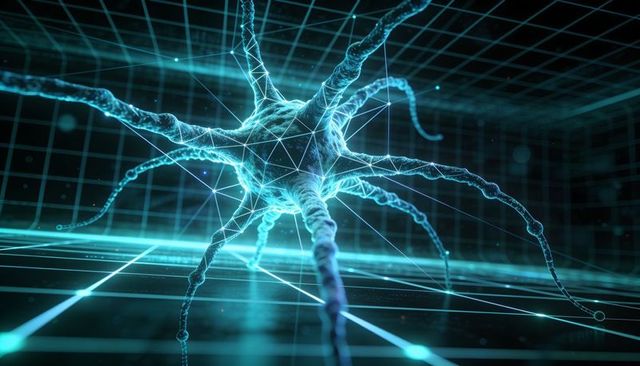 Glowing neural network node floating in polygonal wireframe grid connecting light lines