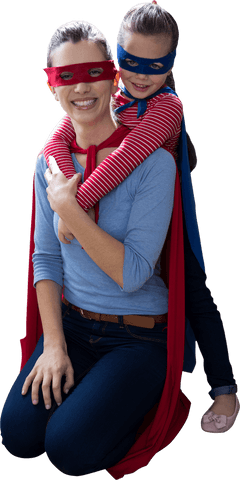 Joyful Mother and Daughter Celebrating in Transparent Superhero Costumes