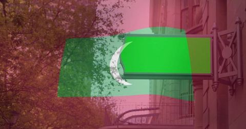 Blank Green Signboard Hanging on Decorative Outdoor Metal Bracket