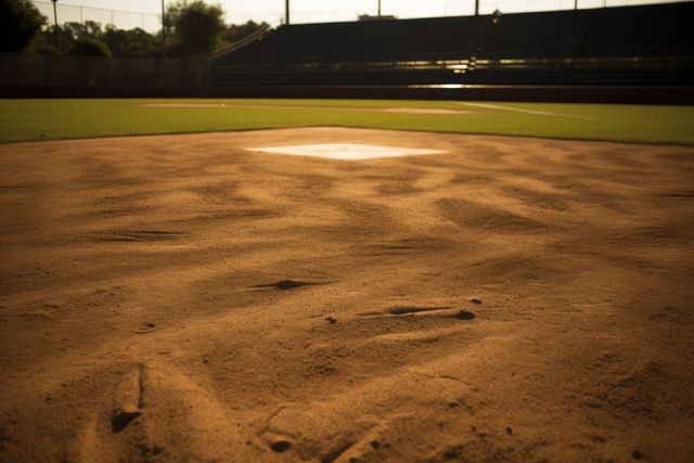 Baseball diamond with sandy infield and home plate captured at sunset. Shadow-cast stands in background. Ideal for illustrating calm, nostalgic sports moments or promotional materials for baseball events.