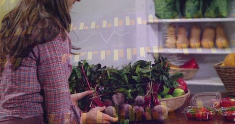 Woman Selecting Fresh Beets at Farmers Market with Produce Analytics Overlay