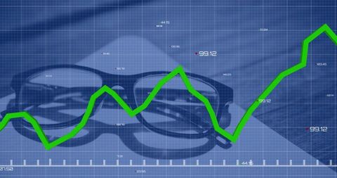 Eyeglasses on desk with rising green line chart over blue grid