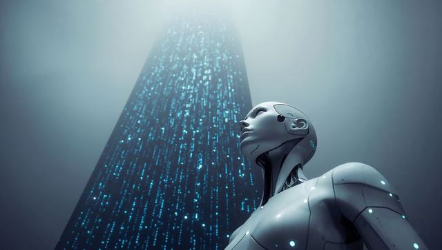 Futuristic android gazing toward glowing data tower with floating blue nodes and particles