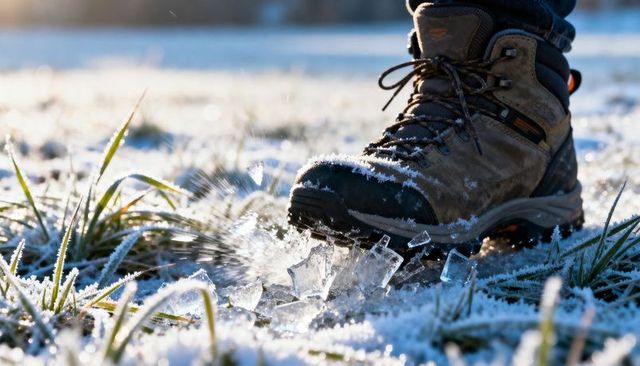 Hiking boot crushing frosted ice on morning grass, backlit closeup of winter footwear action