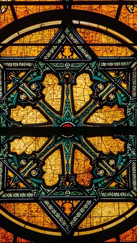 Tilting Vertical Video Centering Stained Glass Medallion with Star Tracery, Amber Backlight