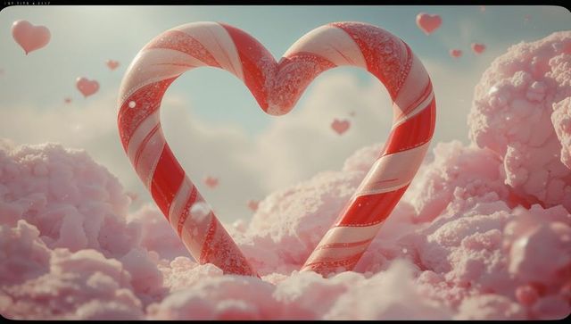 Candy cane heart on pink cotton candy clouds dreamscape