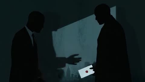 Exchanging red-sealed envelope in dim room negotiating shadowy business deal between two men