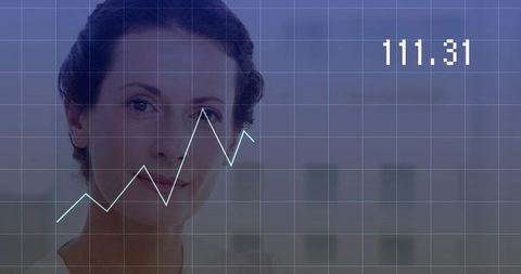 Innovative Businesswoman Stands Behind Transparent Financial Graph Display