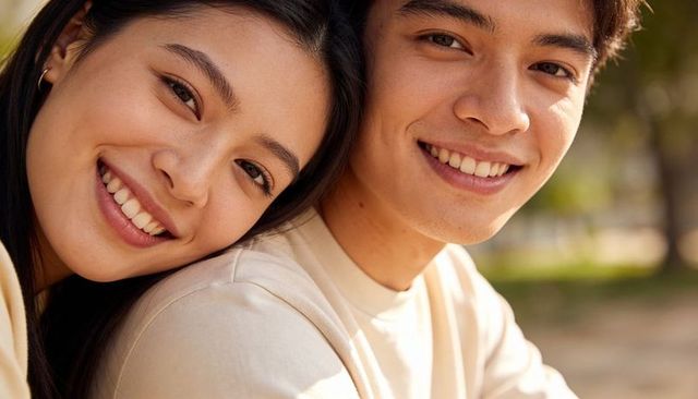 Sunlit smiling young couple leaning together outdoors showing intimate genuine joy