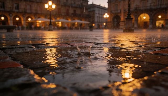 Rain splashing on cobblestone plaza at dusk with lamp reflections and rippling puddles