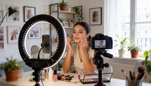 Female beauty vlogger applying makeup in bright home studio with ring light and dslr