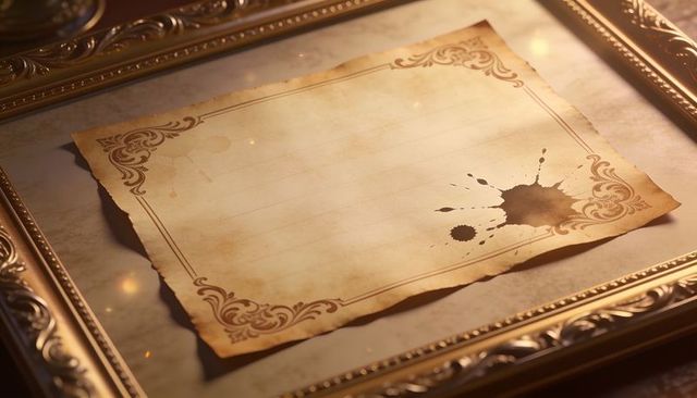 Displaying aged parchment with ornate gilded frame, ink splatter and curled edges on stone