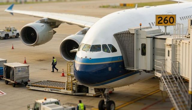 Wide-body jet docking at gate 260 with jet bridge and ground crew assisting turnaround