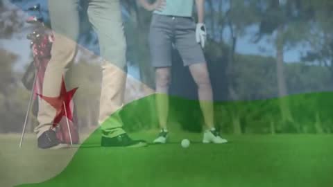 Golf Enthusiasts Sharing Techniques on Verdant Course with Flag Overlay