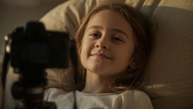 Young girl reclining on couch recording cozy vlog with dslr during golden hour
