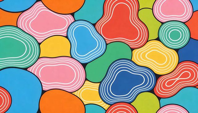 Colorful organic pebble pattern mural with bold outlines and layered concentric lines