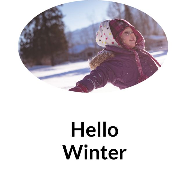 Hello winter text on white with happy caucasian boy wearing winter clothes outside at christmas. Celebration of winter, seasonal greeting and christmas traditions, digitally generated image.