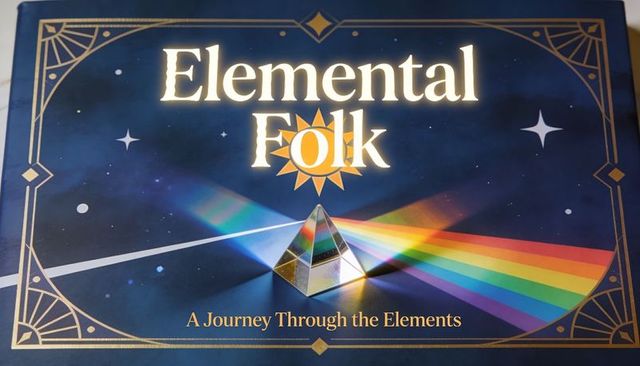 Elemental folk board game box showing prism refracting rainbow spectrum with gilded foil