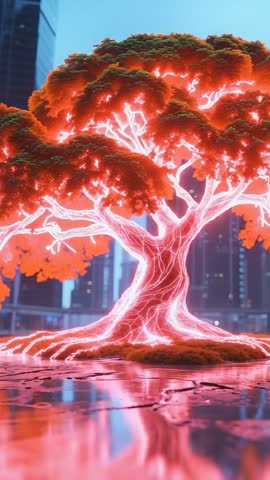 Pulsing Neon Tree with Glowing Veins Transforming Urban Plaza — Vertical Futuristic Video Loop