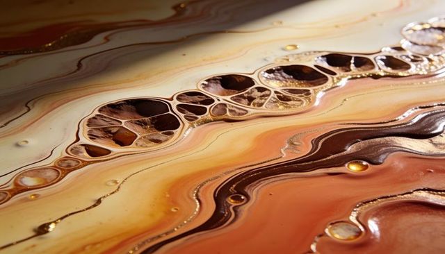 Golden amber fluid art pouring with metallic gold flakes and marbling swirl texture