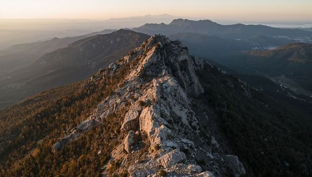 Rugged rock ridge glowing in golden sunrise over forested mountain valley panorama