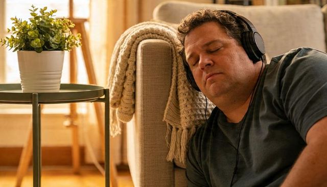 Middle-aged man wearing headphones dozing on sofa in sunlit cozy living room