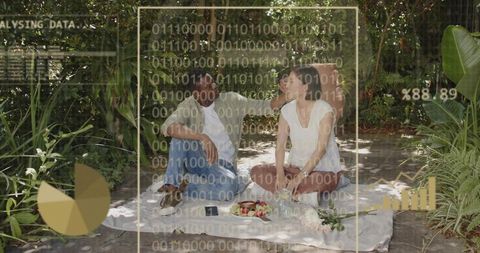 Couple sitting on picnic blanket viewing augmented reality overlays on smartphone in sunlit garden