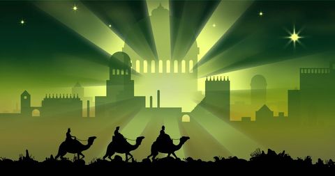 Silhouette of Three Wise Men with Glowing Cityscape