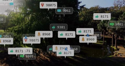 Digital Interface Notifications Floating Above Park Walkway